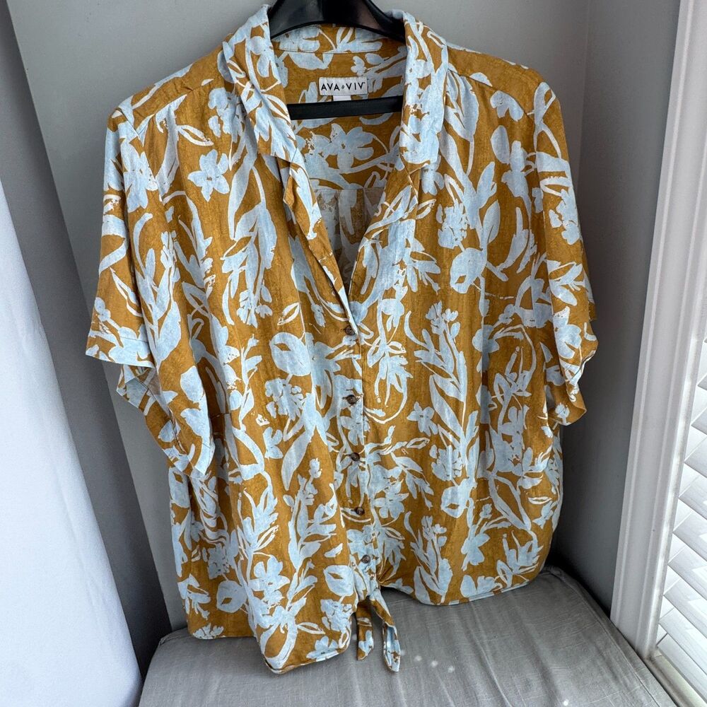 Ava & Viv Women's 3X Floral Linen Rayon Tie Front Button Shirt Gold Blue White